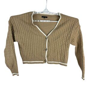 Love Tree Womens Large Cable Knit Cardigan Tan V-Neck Button-Up Sweater